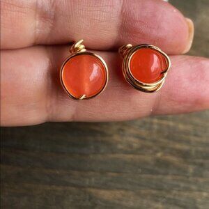 Vibrant orange jade stud  earrings in gold